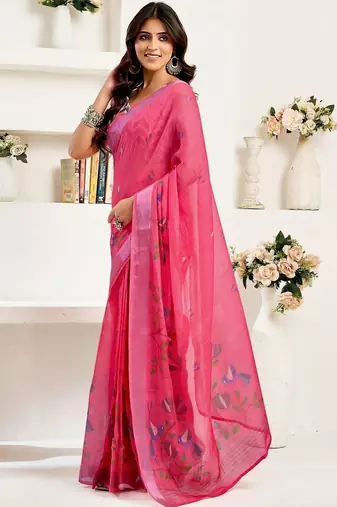 Magenta magenta linen ready to wear saree with printed design