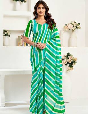 White multi linen ready to wear saree with printed design 1