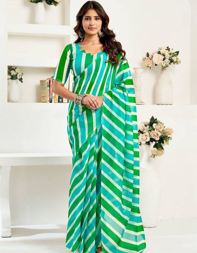 White multi linen ready to wear saree with printed design