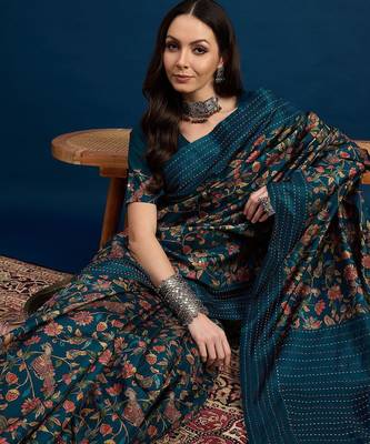 Teal ethnic motifs printed saree with unstitched blouse piece 1