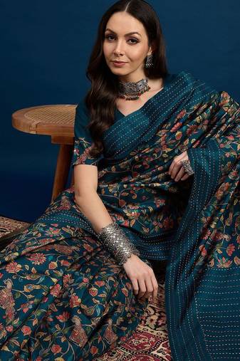 Teal ethnic motifs printed saree with unstitched blouse piece