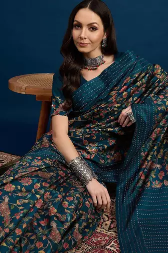 Teal ethnic motifs printed saree with unstitched blouse piece