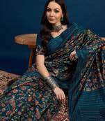 Teal ethnic motifs printed saree with unstitched blouse piece