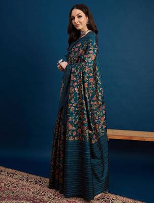 Teal ethnic motifs printed saree with unstitched blouse piece 2