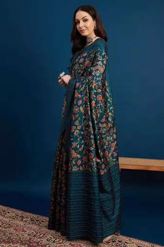 Teal ethnic motifs printed saree with unstitched blouse piece