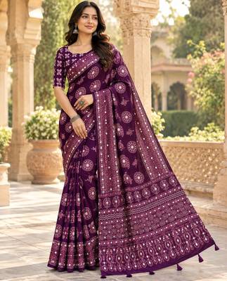 Wine color  real mirror birds prints premium satin saree with un-stitched blouse 1