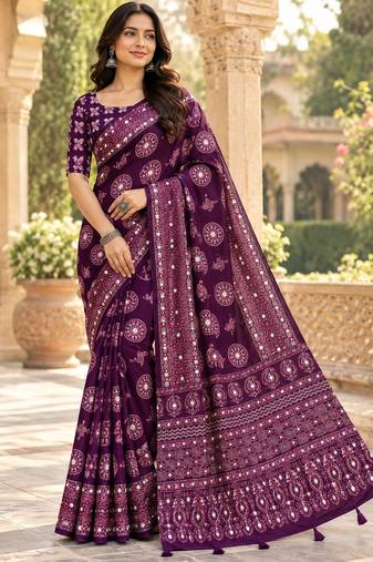 Wine color  real mirror birds prints premium satin saree with un-stitched blouse