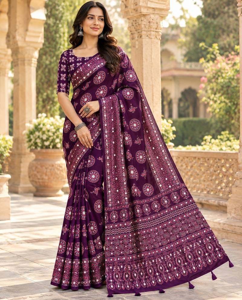 Wine color  real mirror birds prints premium satin saree with un-stitched blouse
