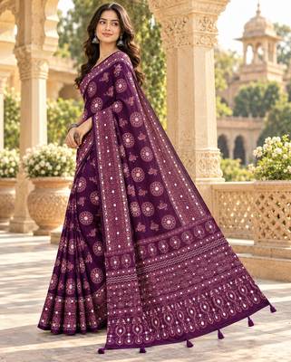 Wine color  real mirror birds prints premium satin saree with un-stitched blouse 2