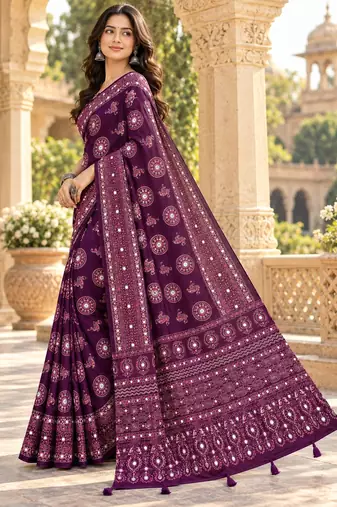 Wine color  real mirror birds prints premium satin saree with un-stitched blouse