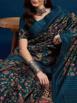 Teal ethnic motifs printed saree with unstitched blouse piece 3