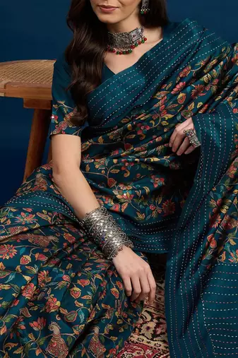 Teal ethnic motifs printed saree with unstitched blouse piece