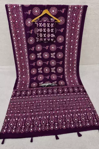 Wine color  real mirror birds prints premium satin saree with un-stitched blouse