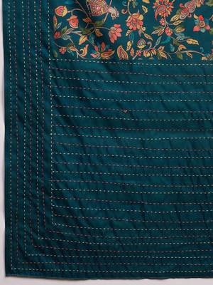 Teal ethnic motifs printed saree with unstitched blouse piece 4
