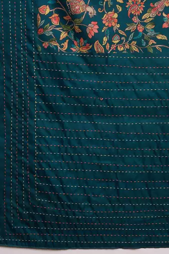Teal ethnic motifs printed saree with unstitched blouse piece