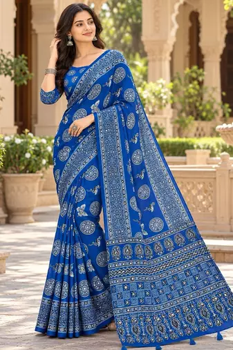 Blue real mirror birds prints premium satin saree with un-stitched blouse