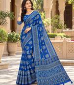 Blue real mirror birds prints premium satin saree with un-stitched blouse
