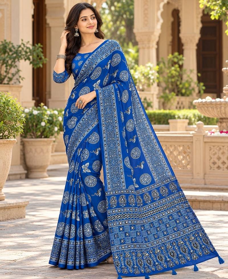 Blue real mirror birds prints premium satin saree with un-stitched blouse