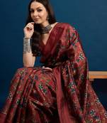 Maroon floral printed kantha work saree