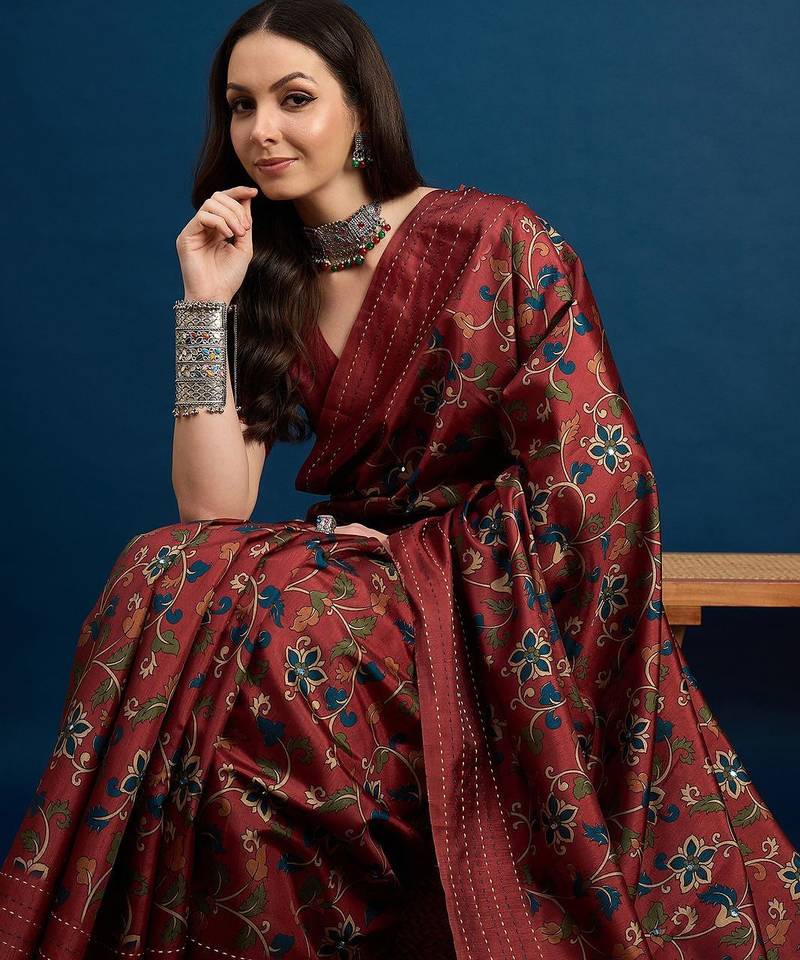 Maroon floral printed kantha work saree