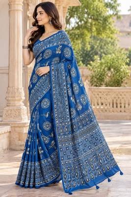 Blue real mirror birds prints premium satin saree with un-stitched blouse 2