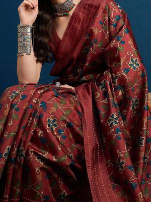 Maroon floral printed kantha work saree 3
