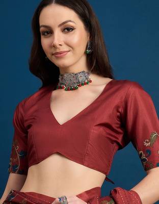 Maroon floral printed kantha work saree 5