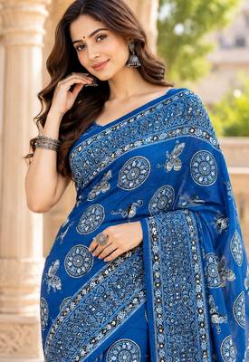 Blue real mirror birds prints premium satin saree with un-stitched blouse 3