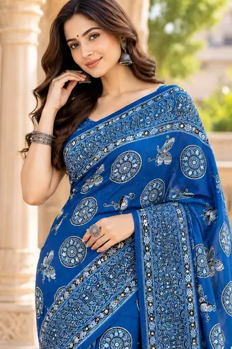 Blue real mirror birds prints premium satin saree with un-stitched blouse
