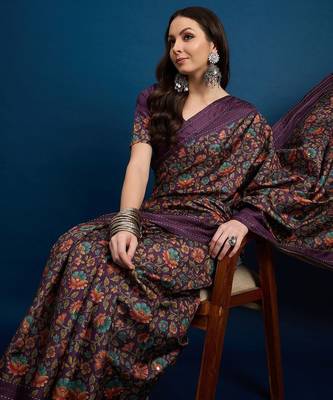 Purple floral printed kanthawork  saree 1