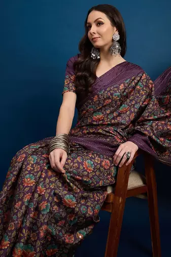 Purple floral printed kanthawork  saree
