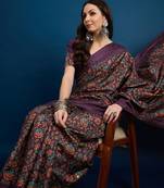 Purple floral printed kanthawork  saree