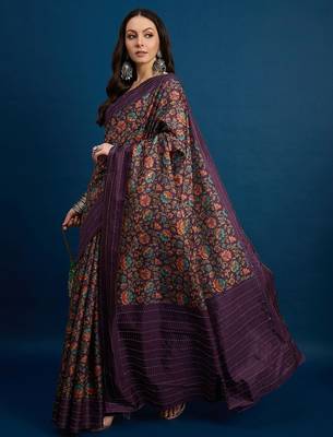 Purple floral printed kanthawork  saree 2