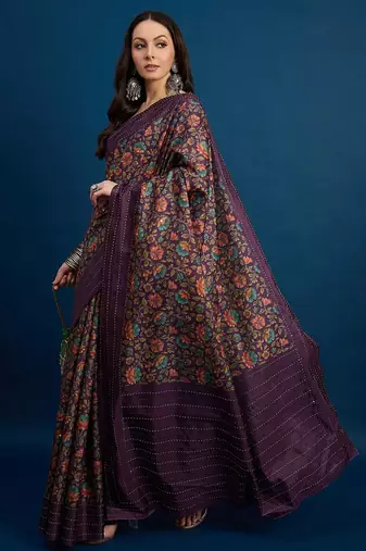 Purple floral printed kanthawork  saree