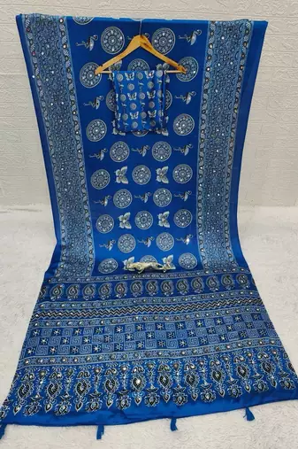 Blue real mirror birds prints premium satin saree with un-stitched blouse