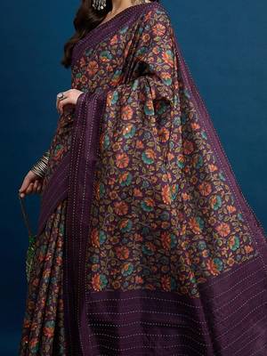 Purple floral printed kanthawork  saree 3