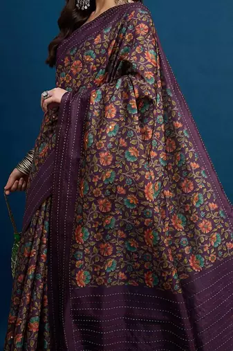 Purple floral printed kanthawork  saree
