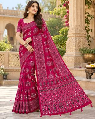 Pink color  real mirror birds prints premium satin saree with un-stitched blouse 1