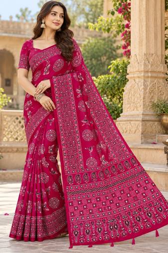 Pink color  real mirror birds prints premium satin saree with un-stitched blouse