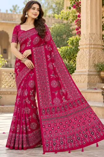 Pink color  real mirror birds prints premium satin saree with un-stitched blouse