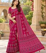 Pink color  real mirror birds prints premium satin saree with un-stitched blouse