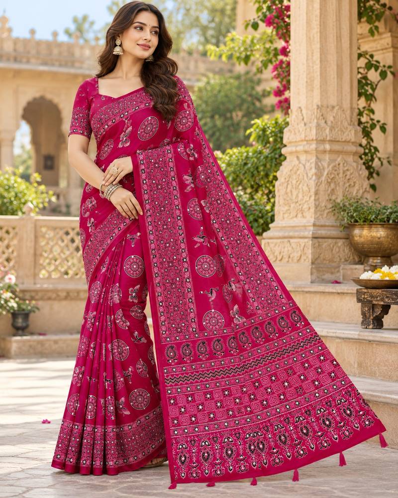 Pink color  real mirror birds prints premium satin saree with un-stitched blouse
