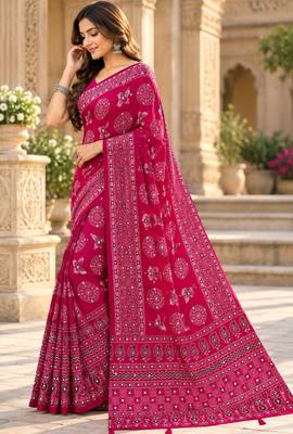 Pink color  real mirror birds prints premium satin saree with un-stitched blouse 2
