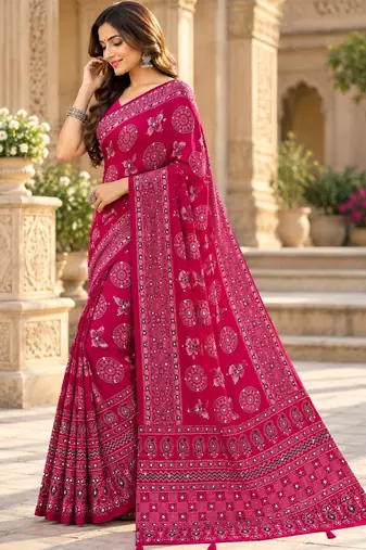 Pink color  real mirror birds prints premium satin saree with un-stitched blouse