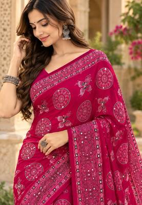 Pink color  real mirror birds prints premium satin saree with un-stitched blouse 3