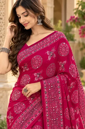 Pink color  real mirror birds prints premium satin saree with un-stitched blouse