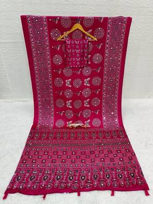 Pink color  real mirror birds prints premium satin saree with un-stitched blouse 4