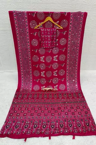 Pink color  real mirror birds prints premium satin saree with un-stitched blouse