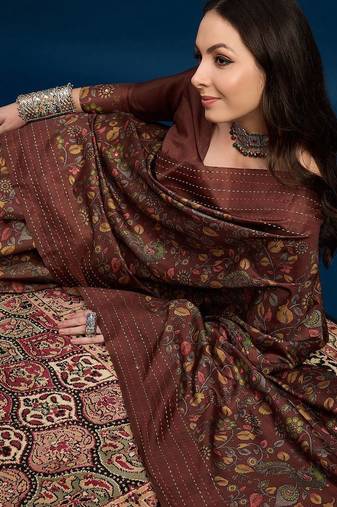 Brown floral printed saree with blouse
