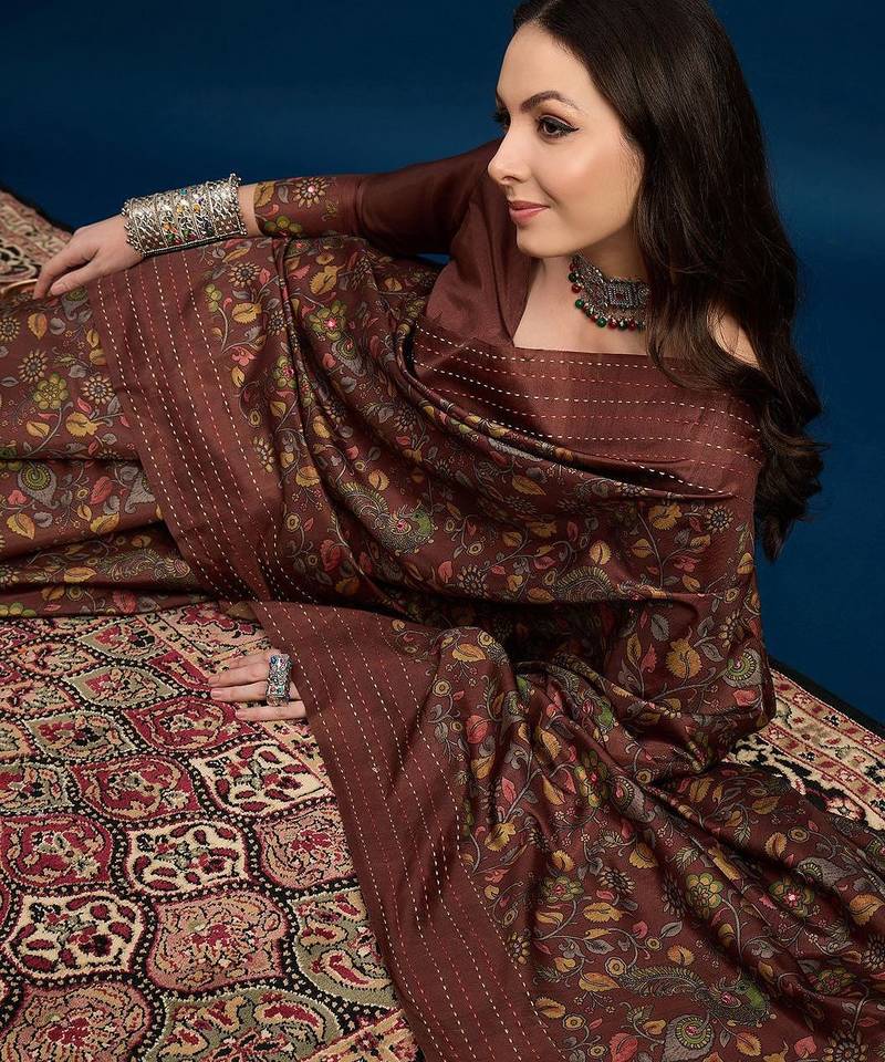 Brown floral printed saree with blouse